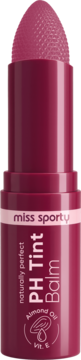 Miss Sporty PH Tint Balm, różowy sztyft do ust, z wytłaczaną końcówką, widoczny napis Almond Oil Vit. E.