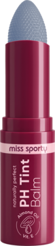 Miss Sporty Naturally Perfect PH Tint Balm. Burgundowa tubka z wysuniętym, szaroniebieskim sztyftem z wypustkami.