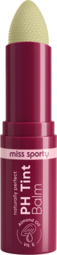 Miss Sporty PH Tint Balm, ciemnobordowy sztyft z jasnożółtym, fakturowanym balsamem. Widok z przodu, Almond Oil, Vit. E.