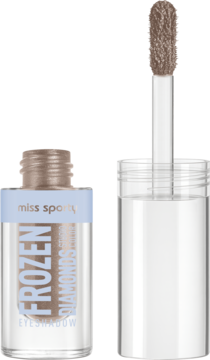 Miss Sporty Frozen Diamonds, płynny cień do powiek w lśniącym brązowo-szarym odcieniu, otwarta buteleczka z wyciągniętym aplikatorem.