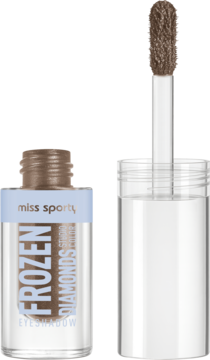 Miss Sporty Frozen Diamonds, brązowo-złoty płynny cień do powiek. Widok otwartej butelki i aplikatora z brokatem.