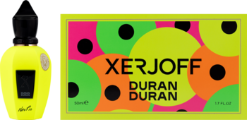 Xerjoff NeoRio Fluo Yellow EDP Duran Duran, energetyczna neonowo-żółta butelka i pudełko z wzorem kół.