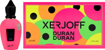 Xerjoff Duran Duran NeoRio Fluo Pink: różowa butelka i opakowanie z żywymi kółkami w neonowych barwach.