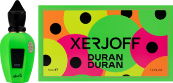 Xerjoff NeoRio Fluo Green 50ml. Neon zielona butelka i etykieta Duran Duran z kolorowymi kołami, widok przód.