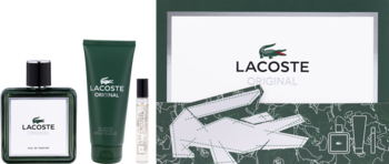 Zestaw prezentowy Lacoste Original: zielona woda perfumowana 100ml, żel pod prysznic 100ml i mini perfumy, na tle pudełka.