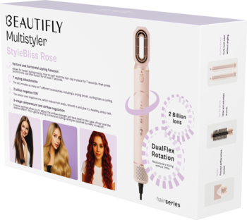 Białe pudełko suszarko-lokówki Beautifly StyleBliss Rose, z ilustracją urządzenia i modelek.