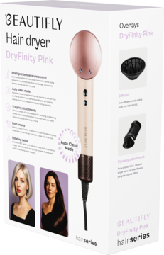 Beautifly DryFinity Pink suszarka do włosów 1600W, różowo-beżowa, w białym pudełku z dyfuzorem.