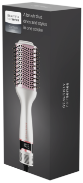 Beautifly Hairseries suszarko-lokówka CurlSpin w czarnym pudełku, napis 'dries and styles'. Biało-różowa szczotka.