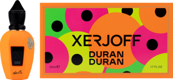 Xerjoff Duran Duran NeoRio Orange perfumy, pomarańczowa butelka i jaskrawa etykieta z kolorowymi kółkami.