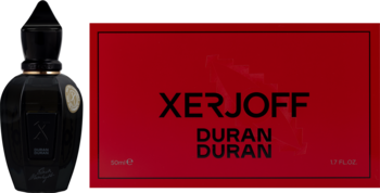 Elegancki czarny flakon perfum Xerjoff Black Moonlight z czerwoną etykietą i logo Duran Duran, widok z przodu.