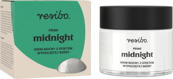 Resibo Midnight krem nocny z efektem wypoczętej skóry, słoik i pudełko, zielono-beżowe opakowanie, przód.