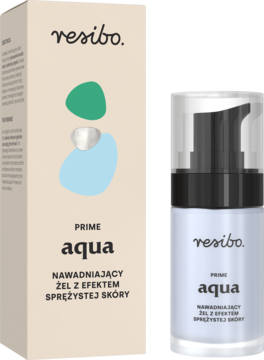 Resibo Prime Aqua nawadniający żel. Beżowe pudełko z grafiką i przeźroczysta butelka z pompką, widok z przodu.