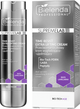 Bielenda SupremeLab Time-Resist Extra Lifting Cream, srebrna butelka i karton, widok frontalny, PDRN, GABA, Peptydy.