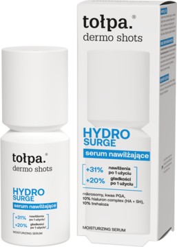 Tołpa dermo shots HYDRO SURGE serum nawilżające: biała butelka z pompką i pudełko z przodu, niebieskie akcenty.