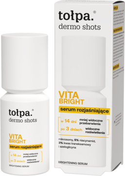 Tołpa dermo shots VITA BRIGHT serum rozjaśniające, biała butelka z pipetą i opakowanie kartonowe, widok z przodu.