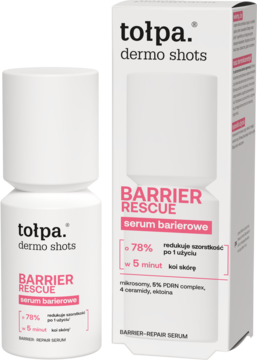 Tołpa dermo shots BARRIER RESCUE serum barierowe w białej butelce i różowo-białym pudełku, widok z przodu.