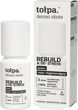Biała butelka kremu Tolpa Dermo Shots Rebuild & De-Stress obok pudełka. Max-regenerujący krem na noc z CICA i ceramidami.