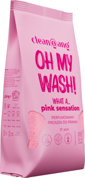 Proszek do prania Clean@ang OH MY WASH! Pink Sensation w różowej torbie 1,23kg, ujęcie z boku.