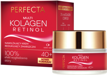 Perfecta Multi Kolagen Retinol 40+ krem redukujący zmarszczki w czerwonym słoiczku i opakowaniu, widok przód.