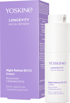 YOSKINE LONGEVITY Night Retinal 0,1% Cream, fioletowe pudełko i biała butelka z pompką, widok z przodu.