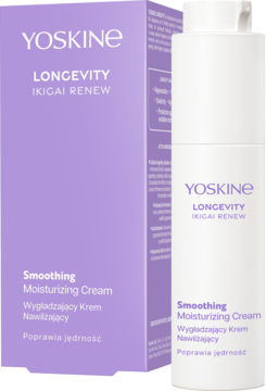 YOSKINE LONGEVITY IKIGAI RENEW Smoothing Moisturizing Cream w białej butelce i fioletowym pudełku, widok z przodu.