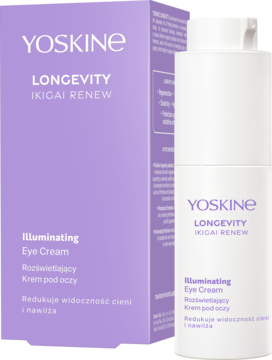 YOSKINE LONGEVITY IKIGAI RENEW Illuminating Eye Cream, biała butelka i fioletowe opakowanie kartonowe.