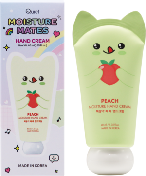 Quret Peach Moisture Mates krem do rąk w tubce-brzoskwini i różowym pudełku, widok z przodu i z kąta.