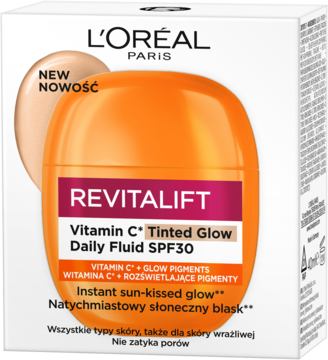 L'Oréal Revitalift Vitamin C+ Tinted Glow Daily Fluid SPF30, pomarańczowy słoiczek z różową etykietą, przód.