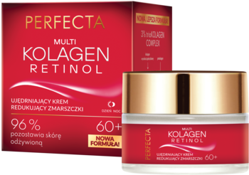 Czerwony słoiczek i pudełko Perfecta Multi Kolagen Retinol 60+, ujędrniający krem przeciwzmarszczkowy.