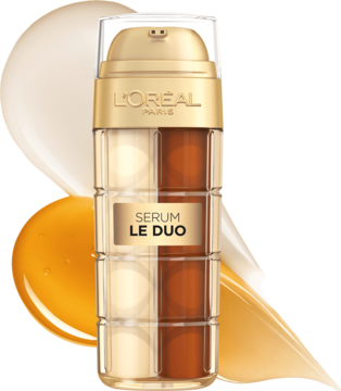 L'Oréal Paris Age Perfect Serum Le Duo, dwufazowa butelka z pompką na tle rozlanych płynów, przód pod kątem.