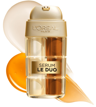 Serum L'Oréal Age Perfect Le Duo, dwufazowe, złoto-przezroczysta butelka z pompką, próbki serum na beżowym tle.