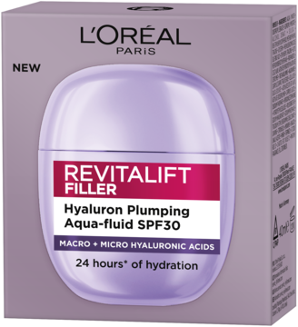 Lekki krem nawilżający L'Oréal Revitalift Filler SPF30 w jasnofioletowym pudełku, widok z przodu.