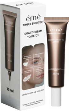 Erne Pimple Fighter Smart Cream to Patch, miedziana tubka 15ml obok białego pudełka z grafiką twarzy.