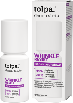 Tołpa Dermo Shots WRINKLE RESIST serum peptydowe, biała butelka obok pudełka, widok przód-bok z fioletowymi akcentami.