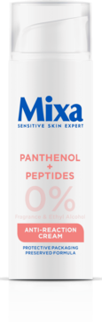 Mixa Anti-Reaction Cream, biała butelka z pompką, widok z przodu. Zawiera pantenol, peptydy, 0% zapachu.