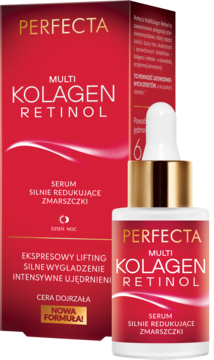 Przeciwzmarszczkowe serum Perfecta Multi Kolagen Retinol, czerwony kartonik i butelka z pipetą, widok z przodu.