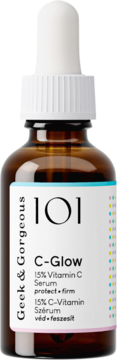Serum Geek & Gorgeous 101 C-Glow, 15% witaminy C. Bursztynowa butelka z zakraplaczem, biała etykieta, widok z przodu.