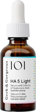 Amber Geek & Gorgeous 101 HA 5 Light Serum, 5 forms Hyaluronic Acid, white dropper cap, front view.