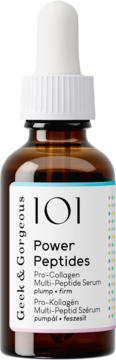 Serum Geek & Gorgeous 101 Power Peptides Pro-Collagen w bursztynowej butelce z białym zakraplaczem, front.