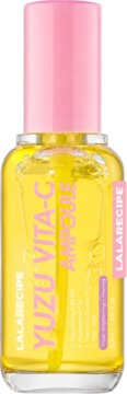 LalaRecipe Yuzu Vita C Ampoule, rozświetlająca serum-ampułka w żółtej butelce z różową pompką, widok z przodu.