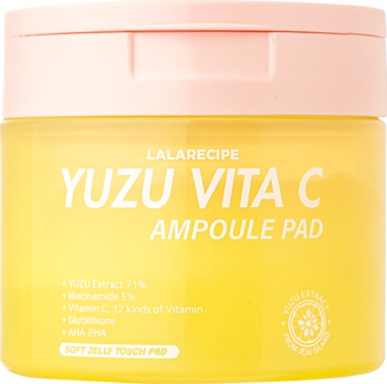 LALARECIPE Yuzu Vita C Ampoule Pad w żółtym słoiczku z różową pokrywką, do rozjaśniania cery. Widok z przodu.