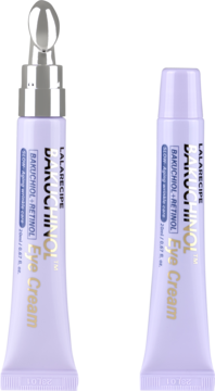 Dwa liliowe kremy pod oczy LaLaRecipe Bakuchinol z bakuchiolem i retinolem, jeden z aplikatorem.