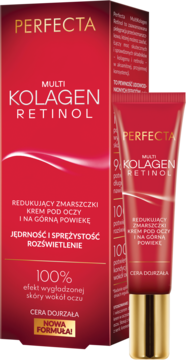 Perfecta Multi Kolagen Retinol krem pod oczy na zmarszczki, w czerwonej tubce i pudełku dla cery dojrzałej.