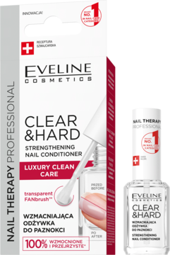 Eveline Clear & Hard wzmacniająca odżywka do paznokci. Przezroczysta butelka i częściowo otwarte pudełko.