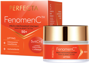 Perfecta FenomenC 50+ krem przeciwzmarszczkowy w pomarańczowym pudełku i złotym słoiczku, widok z przodu.
