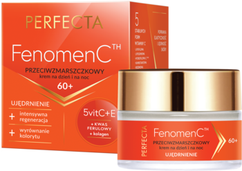 Perfecta Fenomen CTH 60+ ujędrniający krem przeciwzmarszczkowy w pomarańczowym słoiku i pudełku, widok z przodu.