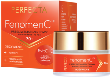 Perfecta FenomenC 70+ odżywczy krem przeciwzmarszczkowy z 5VitC+E, w pomarańczowym pudełku i słoiczku.