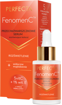Pomarańczowe serum Perfecta Fenomen C w butelce z pipetą i pudełko. Przeciwzmarszczkowe, rozświetlające, z 5VitC.
