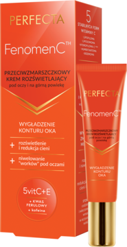 Perfecta Fenomen C™ rozświetlający krem pod oczy w pomarańczowej tubce ze złotą nakrętką, widok obok pudełka.