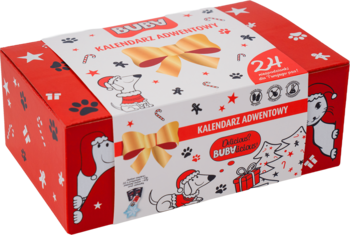 Czerwono-biały kalendarz adwentowy BUBAlicious dla psa, z ilustracją kokardy, psa i świątecznych motywów, widok z góry.